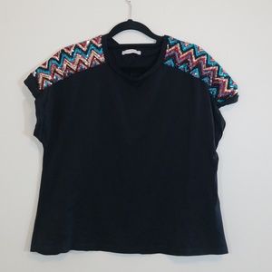 Zara Black Crop Sequen Patch Top